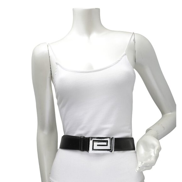 Vintage LONGHI Leather Belt Italy Black Large Silver Statement Buckle Classic - Picture 2 of 9